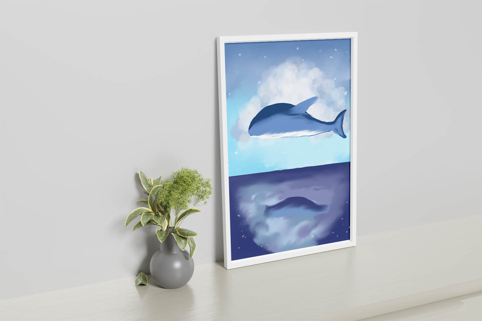 Surreal Ocean Scene with Floating Whale and Cloudy Sky Reflection