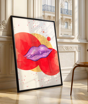 Vibrant Abstract Artwork Featuring Purple Lips on Watercolor Background