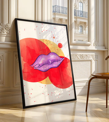 Vibrant Abstract Artwork Featuring Purple Lips on Watercolor Background