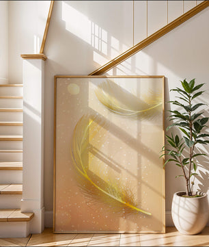 Elegant golden feathers with sparkling particles on soft background