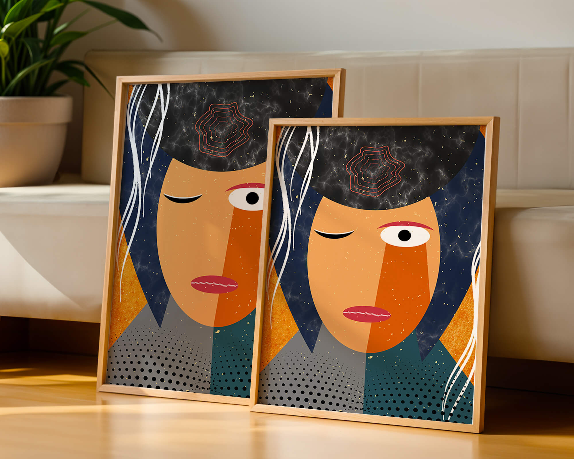Abstract geometric portrait featuring vibrant colors and textures