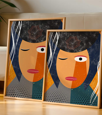 Abstract geometric portrait featuring vibrant colors and textures