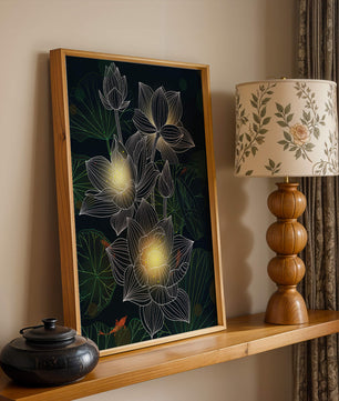 Lotus Flowers with Glowing Accents and Koi Fish Underwater