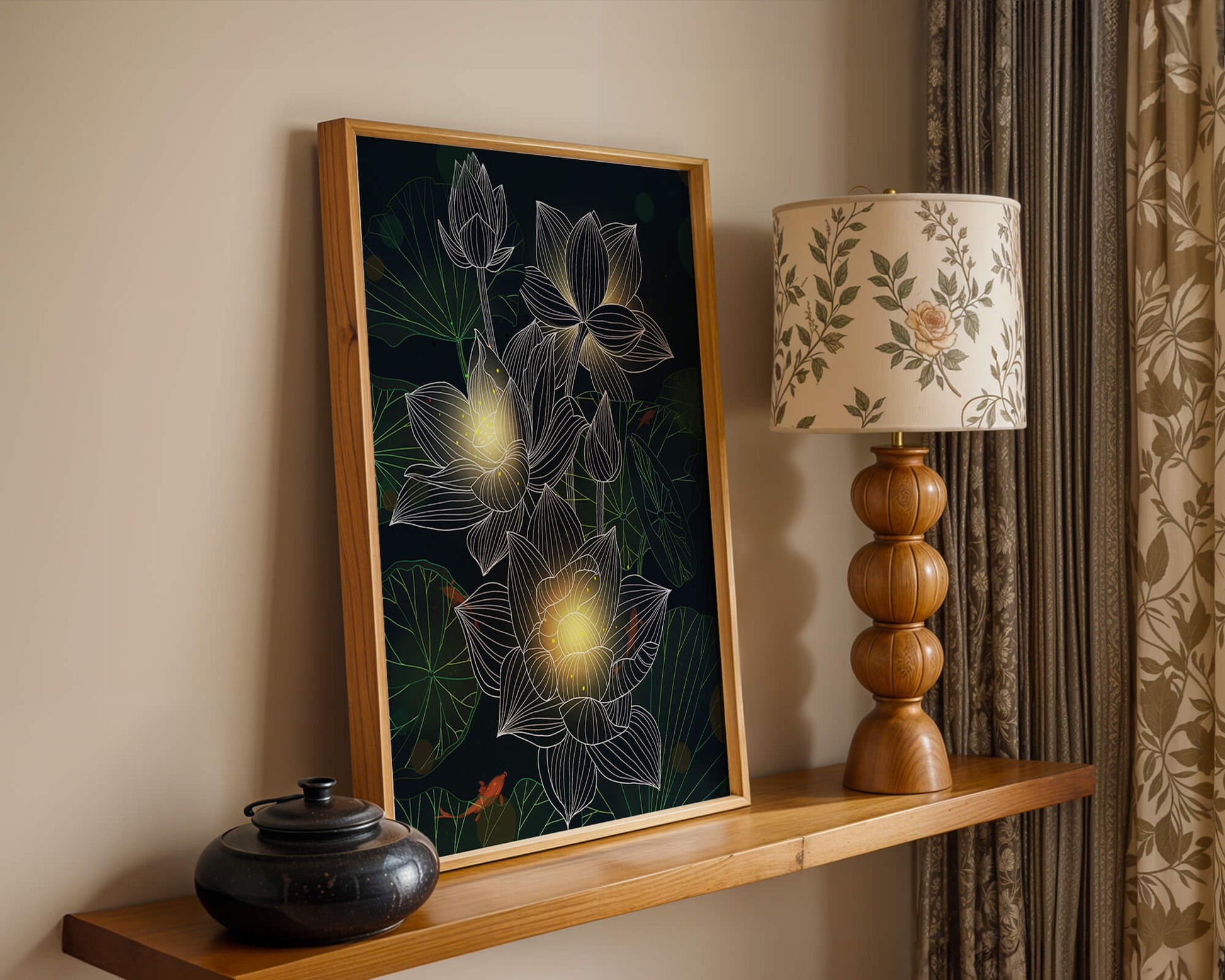 Flores de loto con detalles luminosos y peces koi bajo el agua