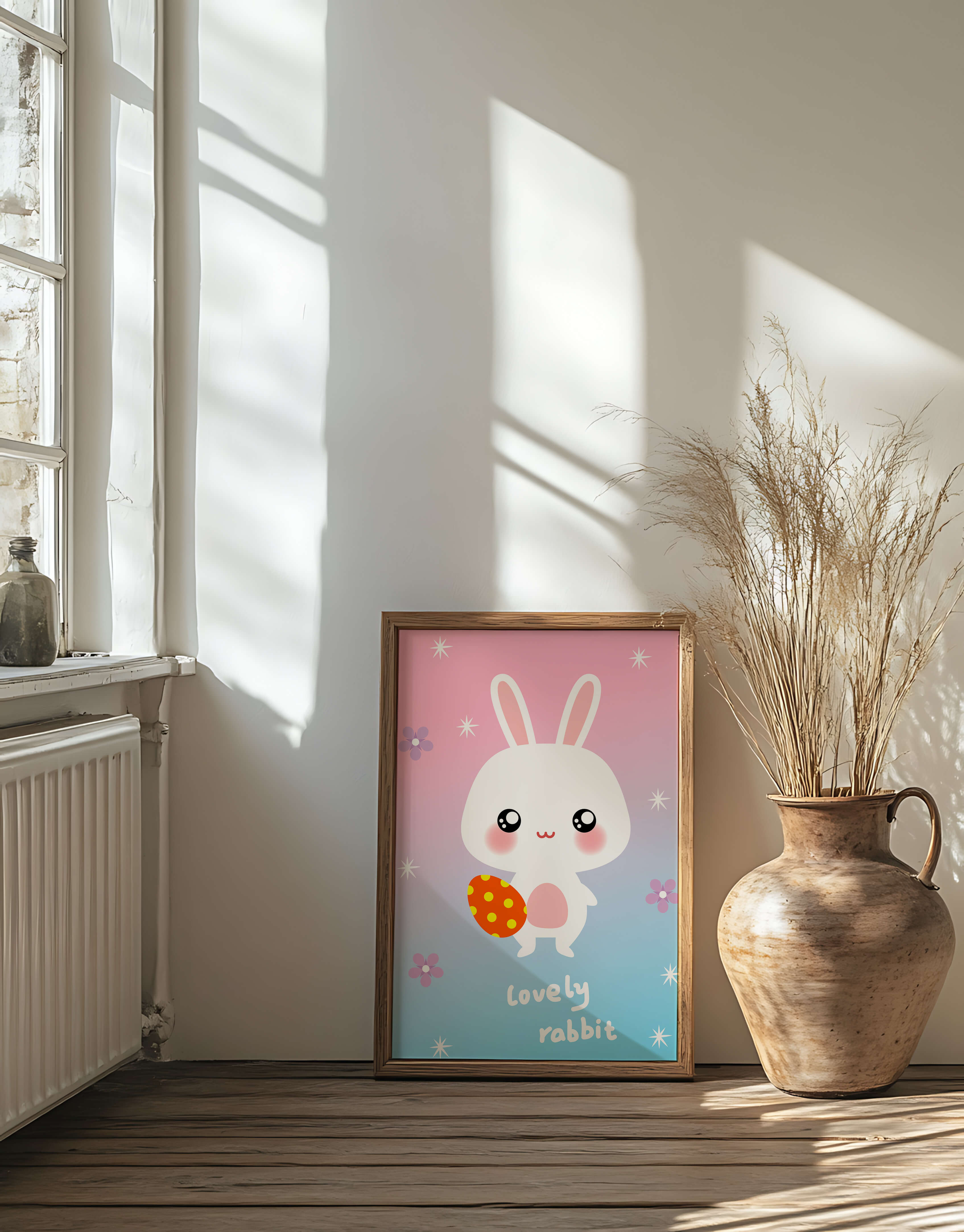 Adorable rabbit illustration with a colorful egg on a pastel background
