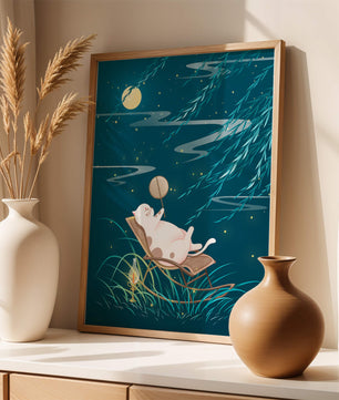 Adorable ilustración de un gato relajándose en un jardín iluminado por la luna con linterna