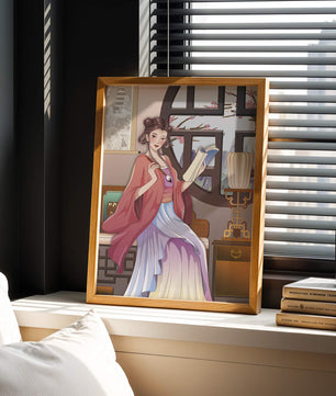 Illustrated scene of a woman in traditional attire reading by a window