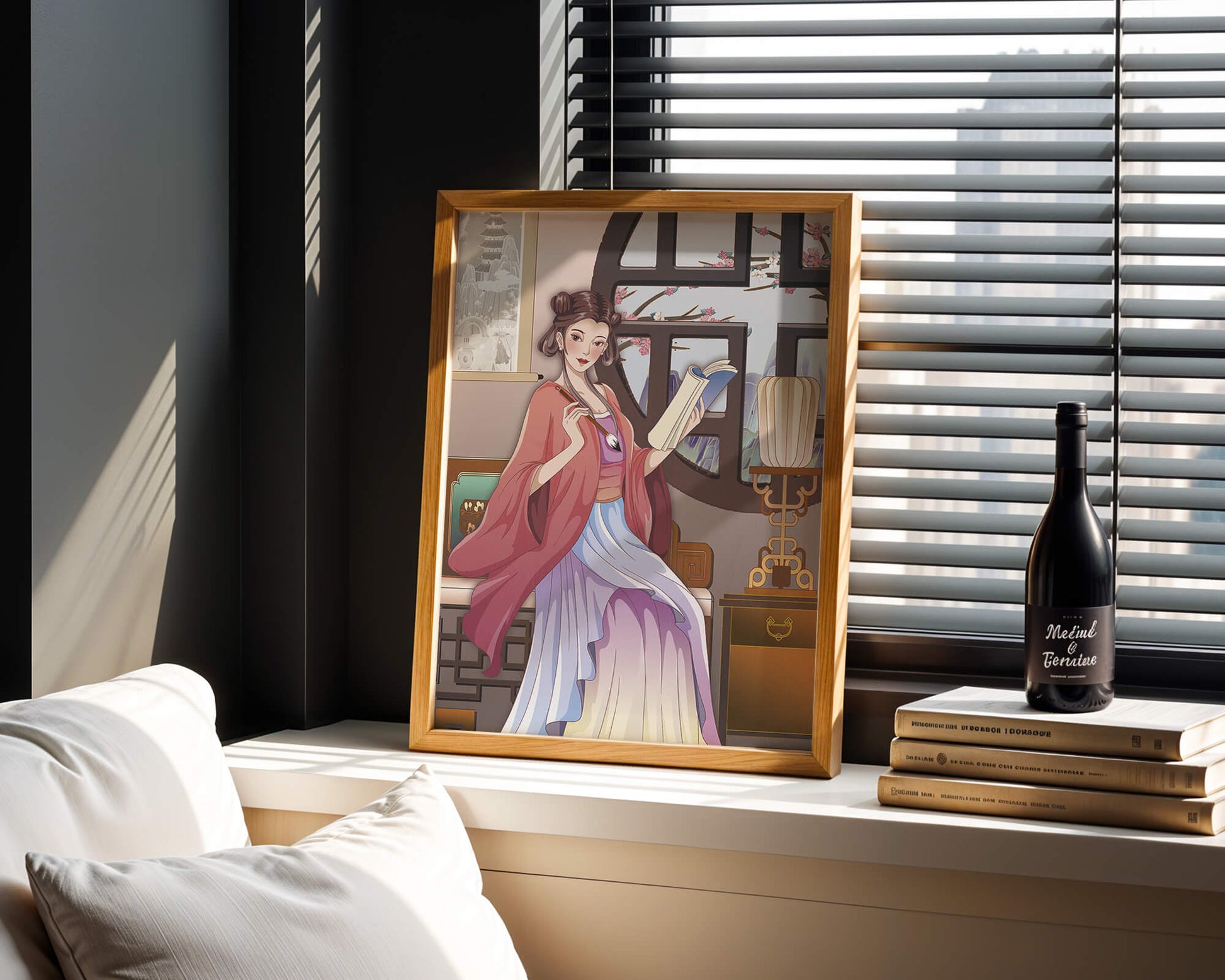 Illustrated scene of a woman in traditional attire reading by a window