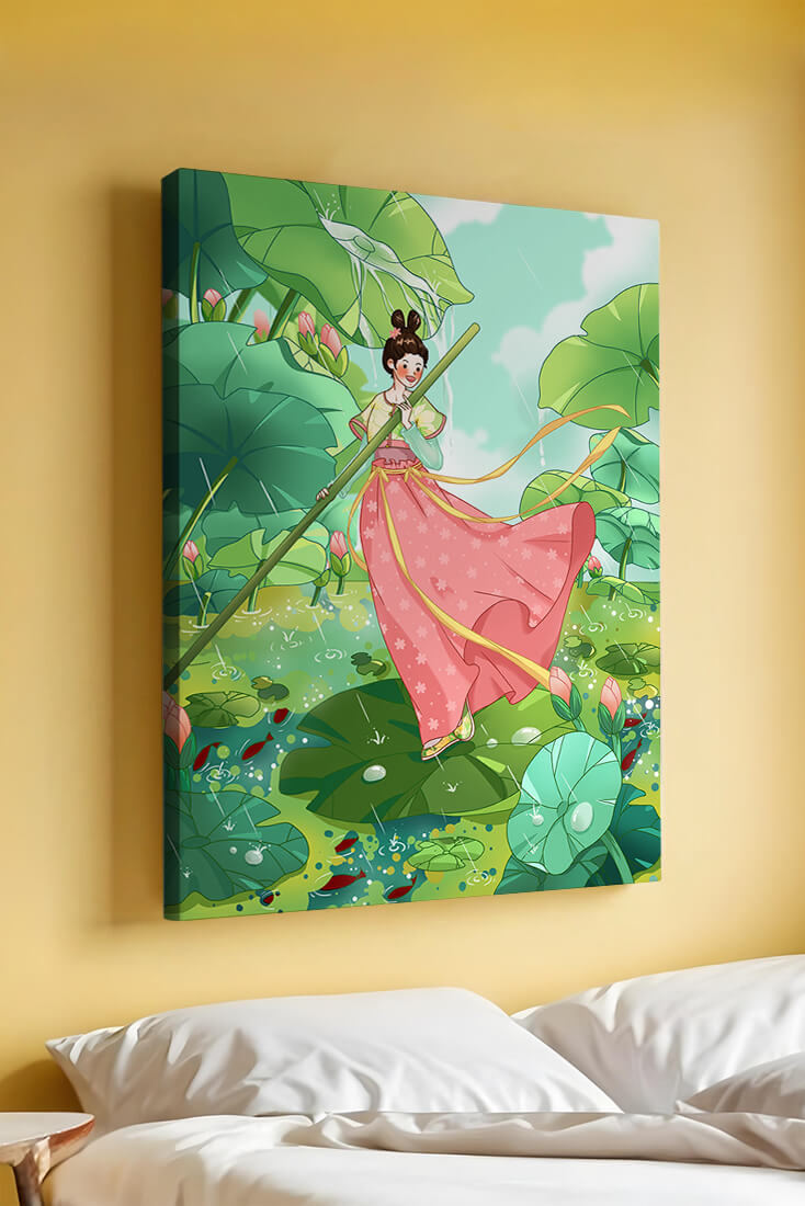 A whimsical scene of a girl in traditional dress among vibrant lotus leaves