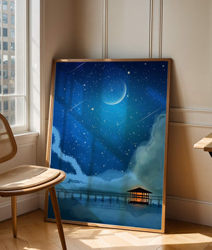 Serene Night Sky with Crescent Moon, Stars, and Pier Over Water