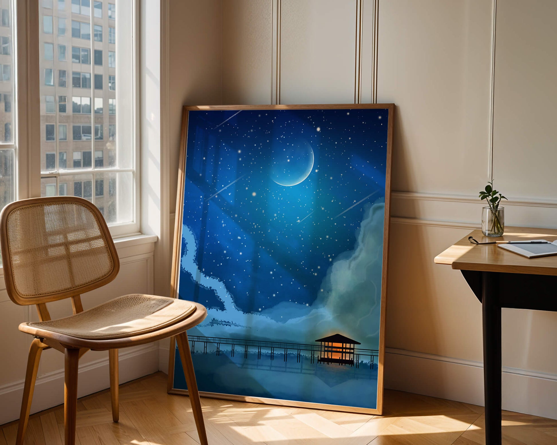 Serene Night Sky with Crescent Moon, Stars, and Pier Over Water