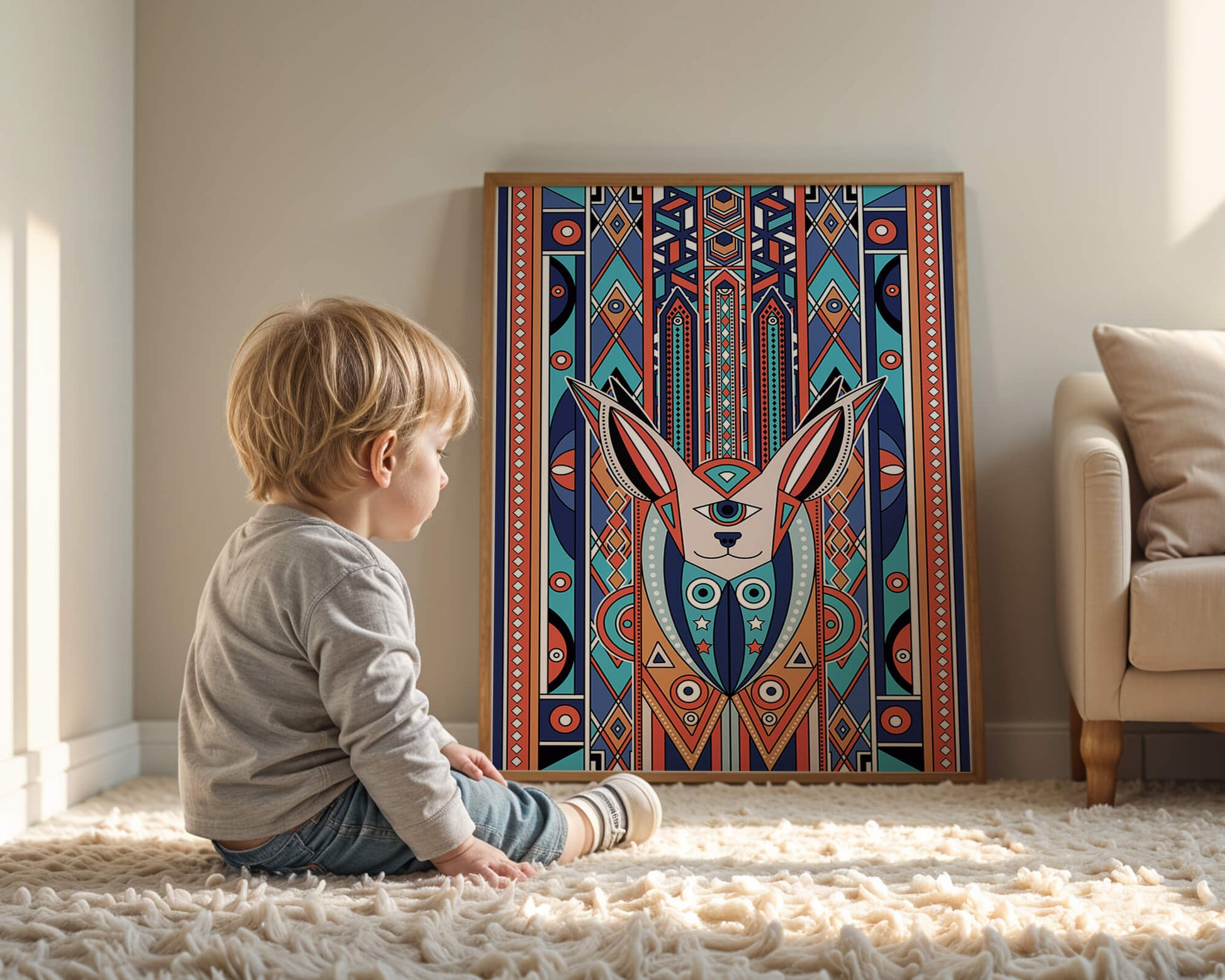 Diseño geométrico abstracto con motivo animal y patrones vibrantes