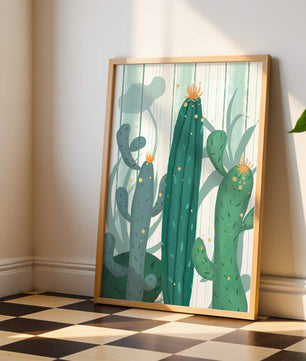 Colorful Cacti with Golden Elements on a Textured Background