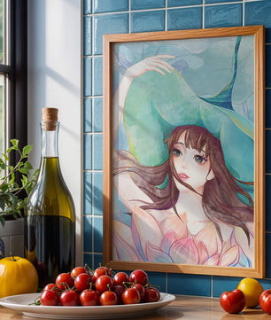 Serene water-inspired portrait of a woman with flowers