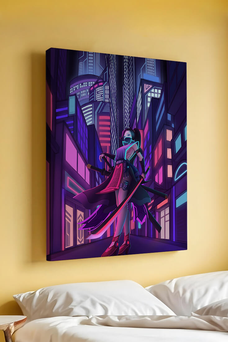 Futuristic cyberpunk cityscape with a female character and neon lights