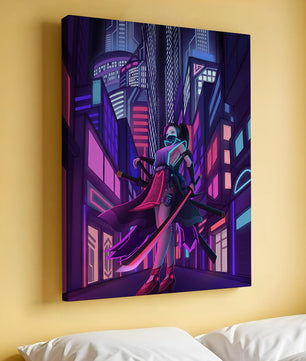 Paisaje urbano futurista de cibercpunk con una protagonista femenina y luces de neón