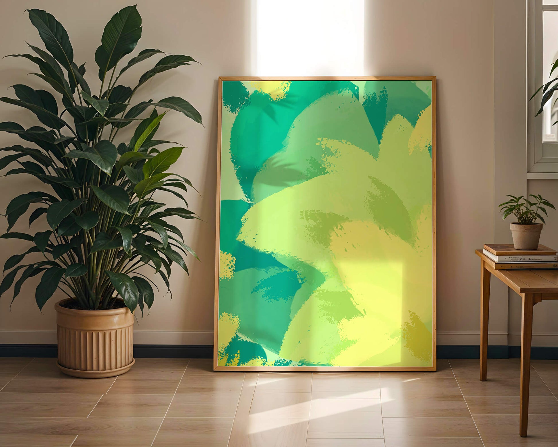 Abstract green and yellow brushstroke painting