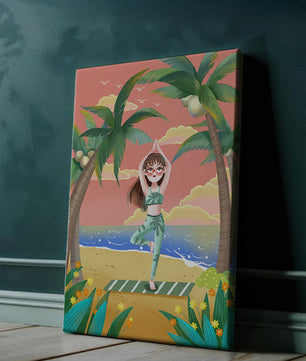 Escena de yoga tranquila en una playa tropical al atardecer