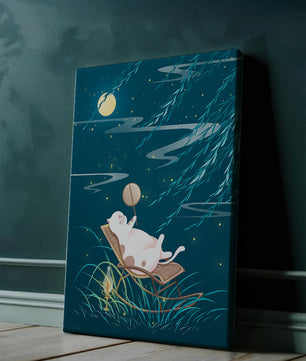 Adorable ilustración de un gato relajándose en un jardín iluminado por la luna con linterna