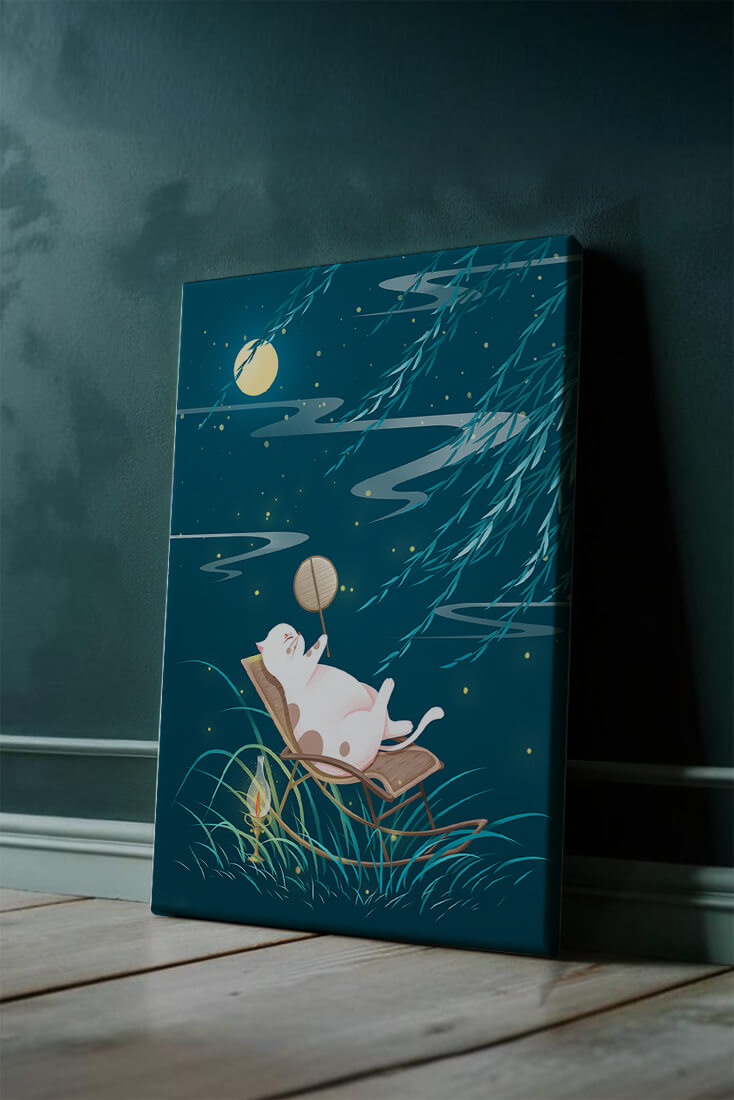 Adorable ilustración de un gato relajándose en un jardín iluminado por la luna con linterna