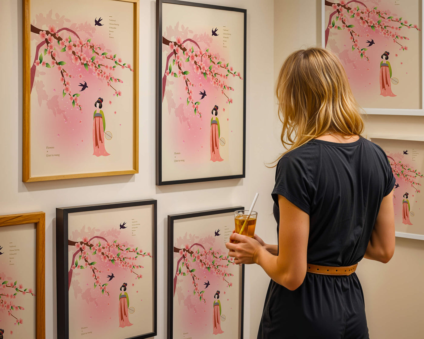 Traditional Chinese art with cherry blossoms and elegant figure