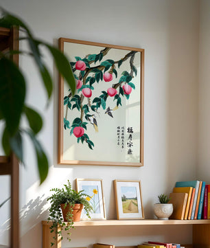 Delicate illustration of peach tree with birds and calligraphy