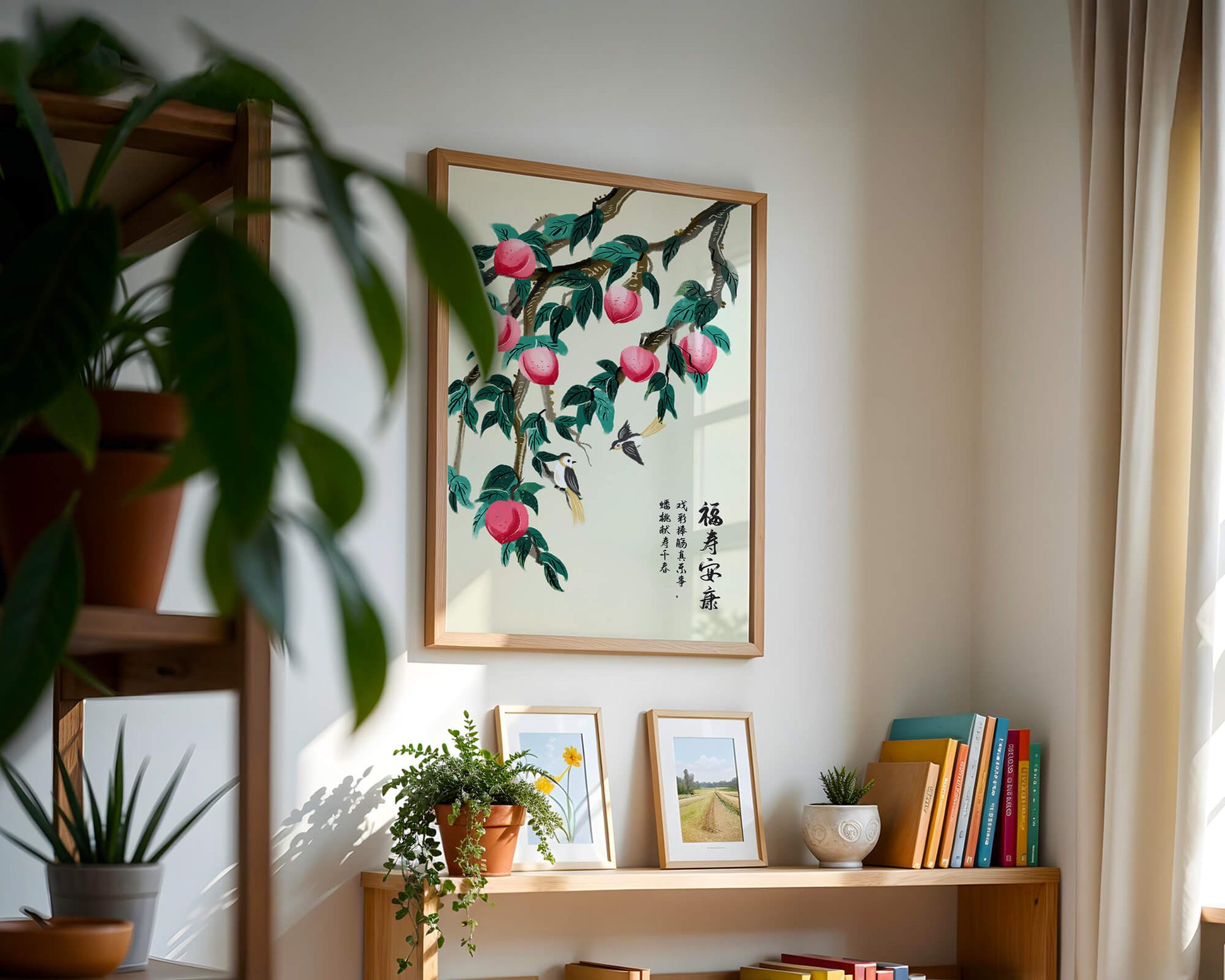 Delicate illustration of peach tree with birds and calligraphy