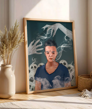 A Person Surrounded by Smoke and Ghostly Hands with Skulls in the Background