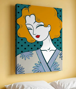 Retrato estilizado de una mujer con cabello naranja y kimono floral