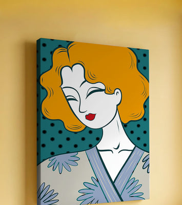 Stylized portrait of a woman with orange hair and floral kimono