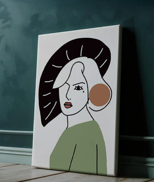 Minimalist Abstract Portrait Featuring Woman with Black Hat and Green Outfit - Mi tienda