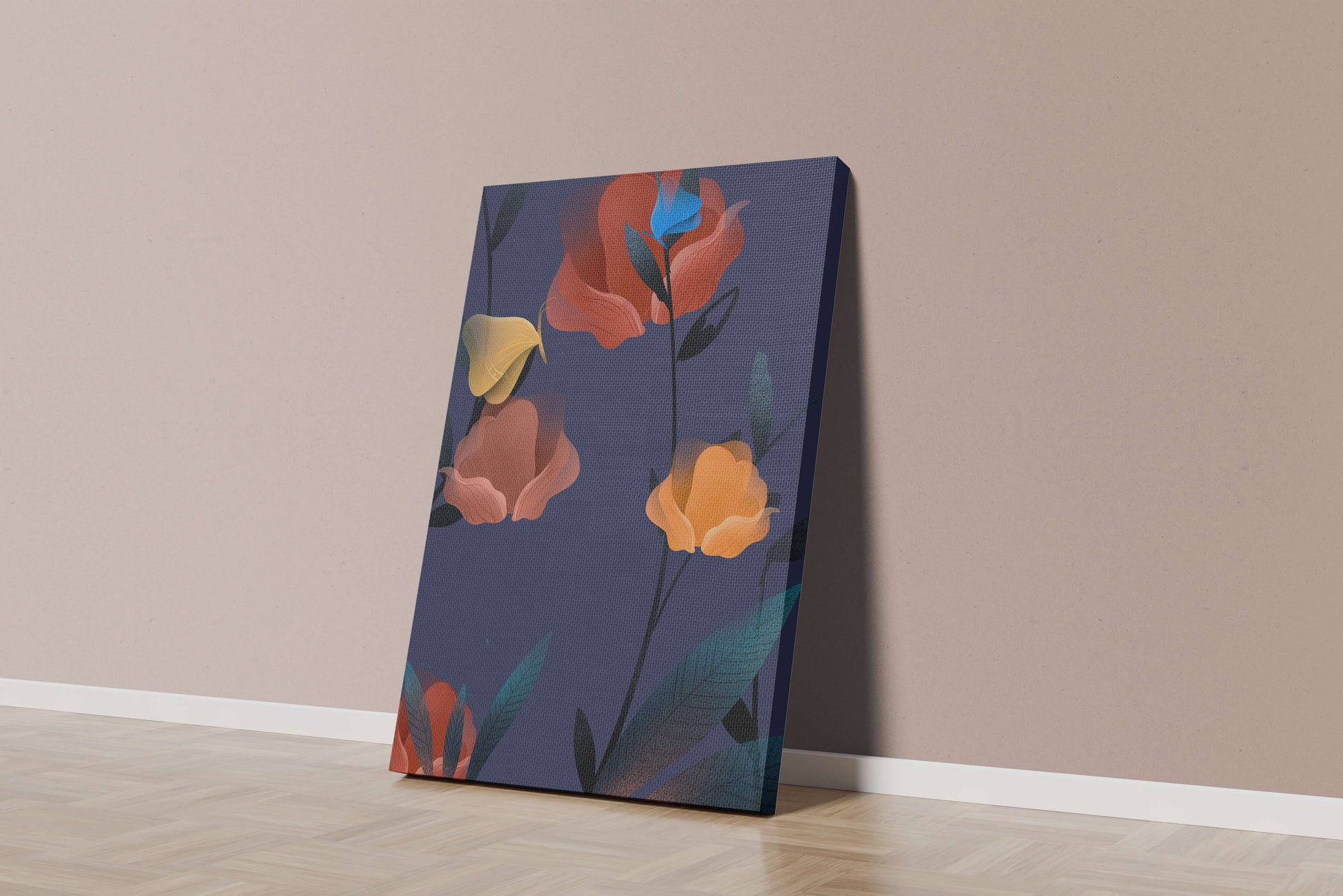 Abstract Floral Illustration with Colorful Flowers on Dark Background