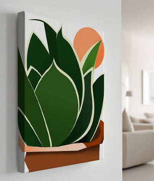 Ilustración contemporánea de una planta serpiente con fondo de amanecer