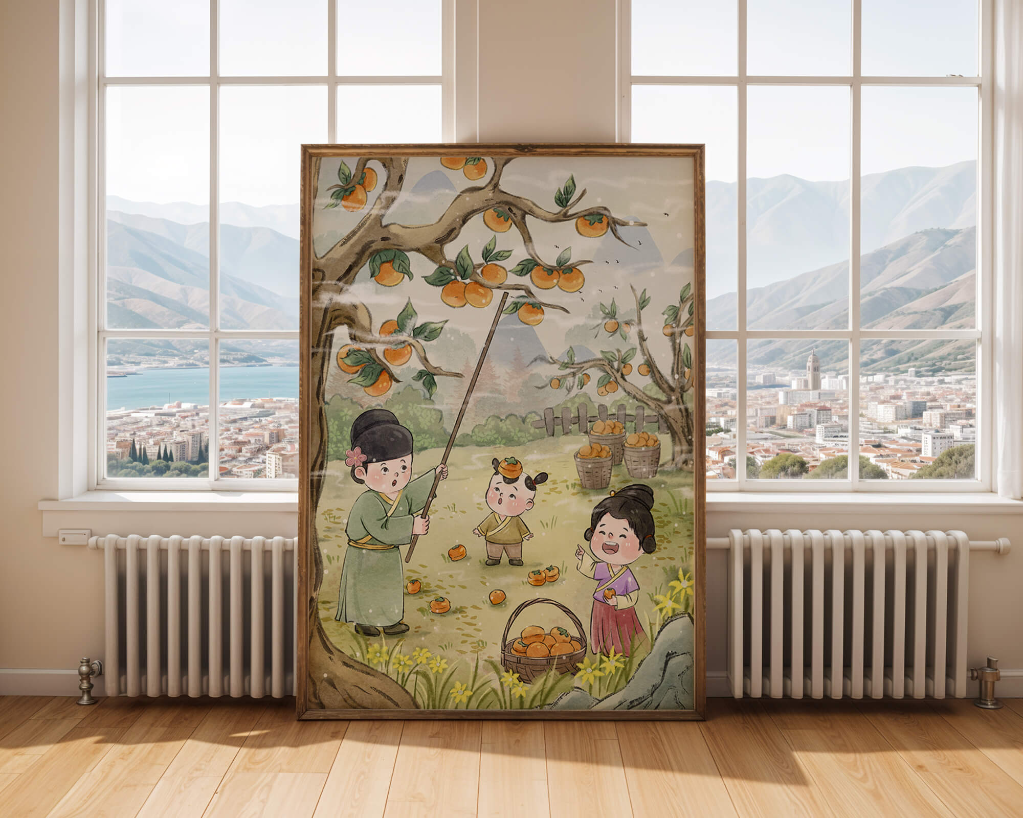 Illustration of children harvesting persimmons in a traditional setting
