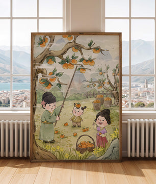Illustration of children harvesting persimmons in a traditional setting