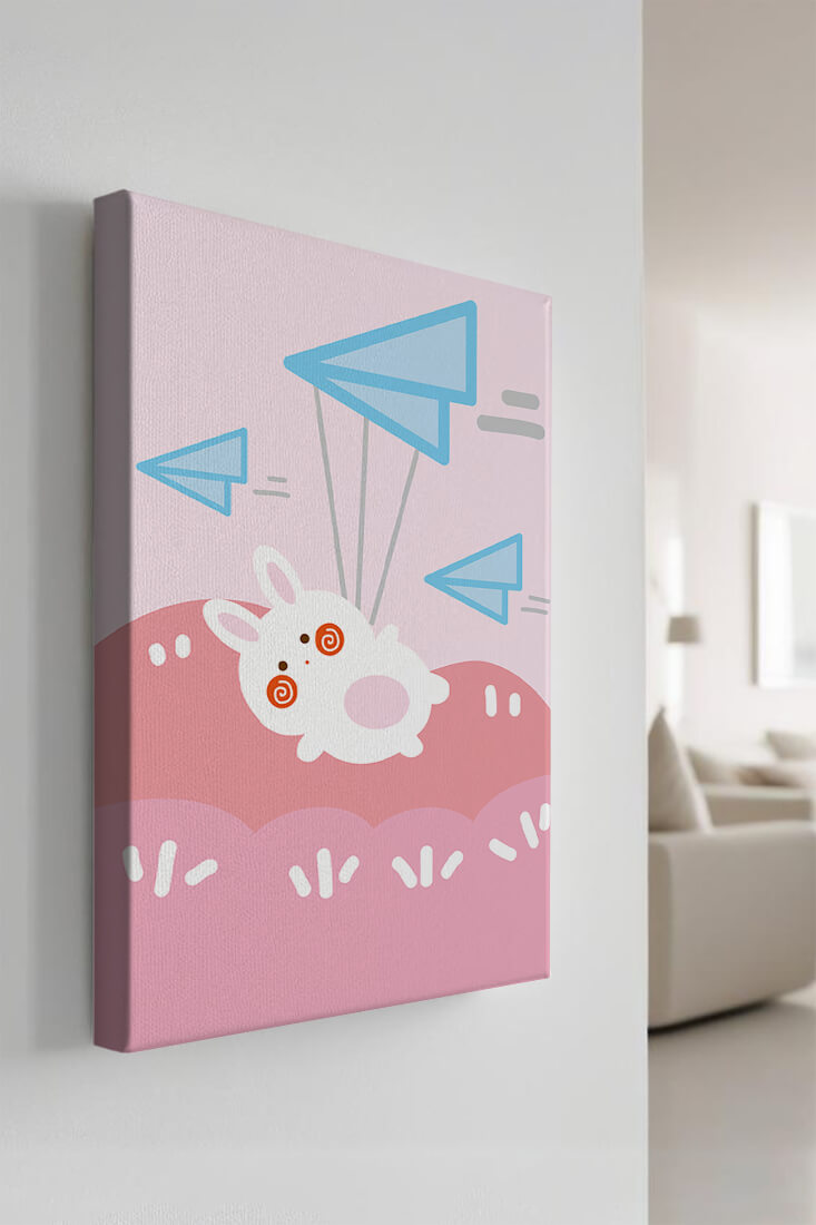 Adorable cartoon bunny flying with paper planes on a pink background
