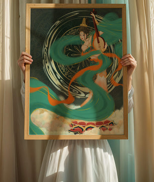 Elegant depiction of traditional musical culture with vibrant flowing ribbons and intricate patterns