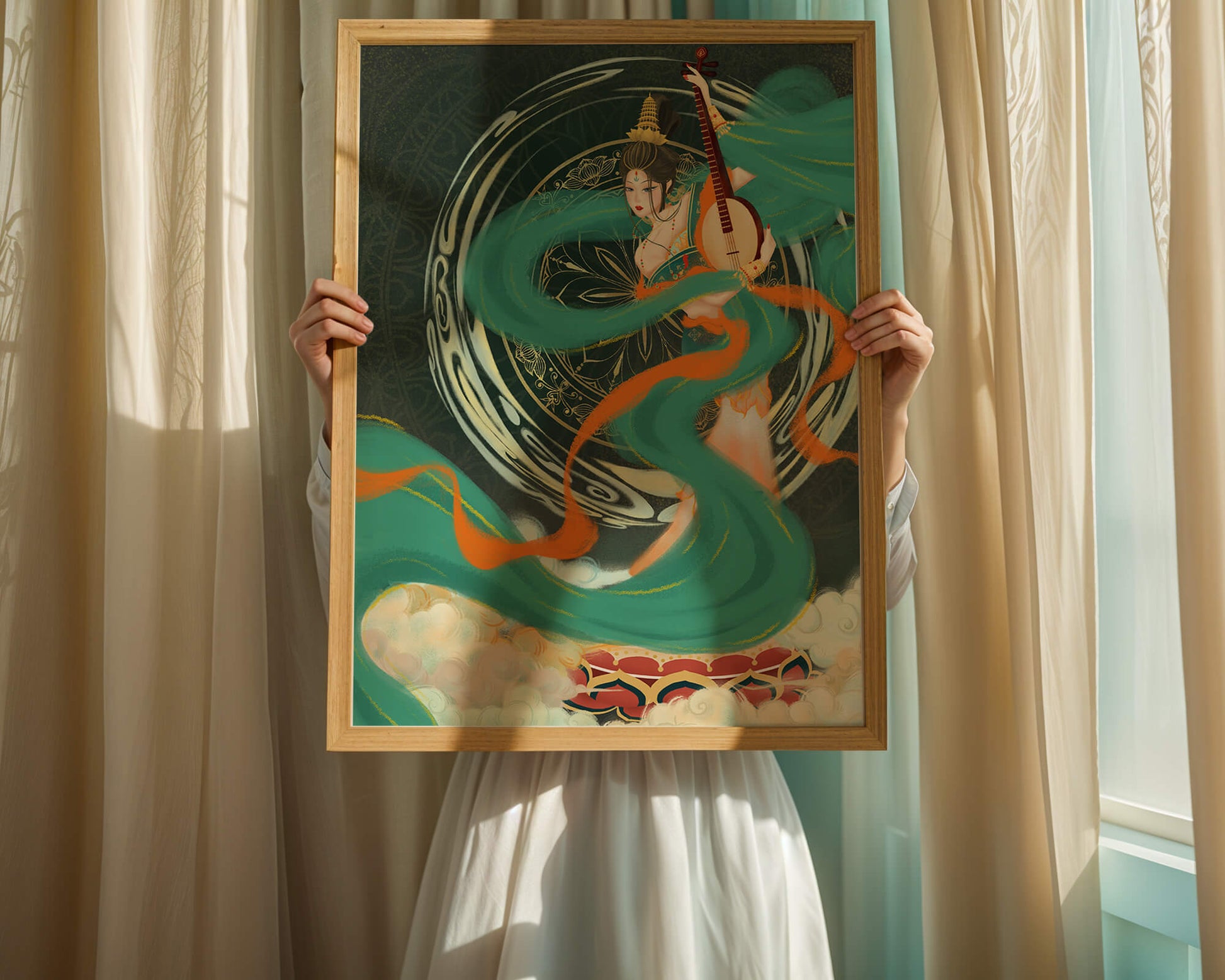 Elegant depiction of traditional musical culture with vibrant flowing ribbons and intricate patterns