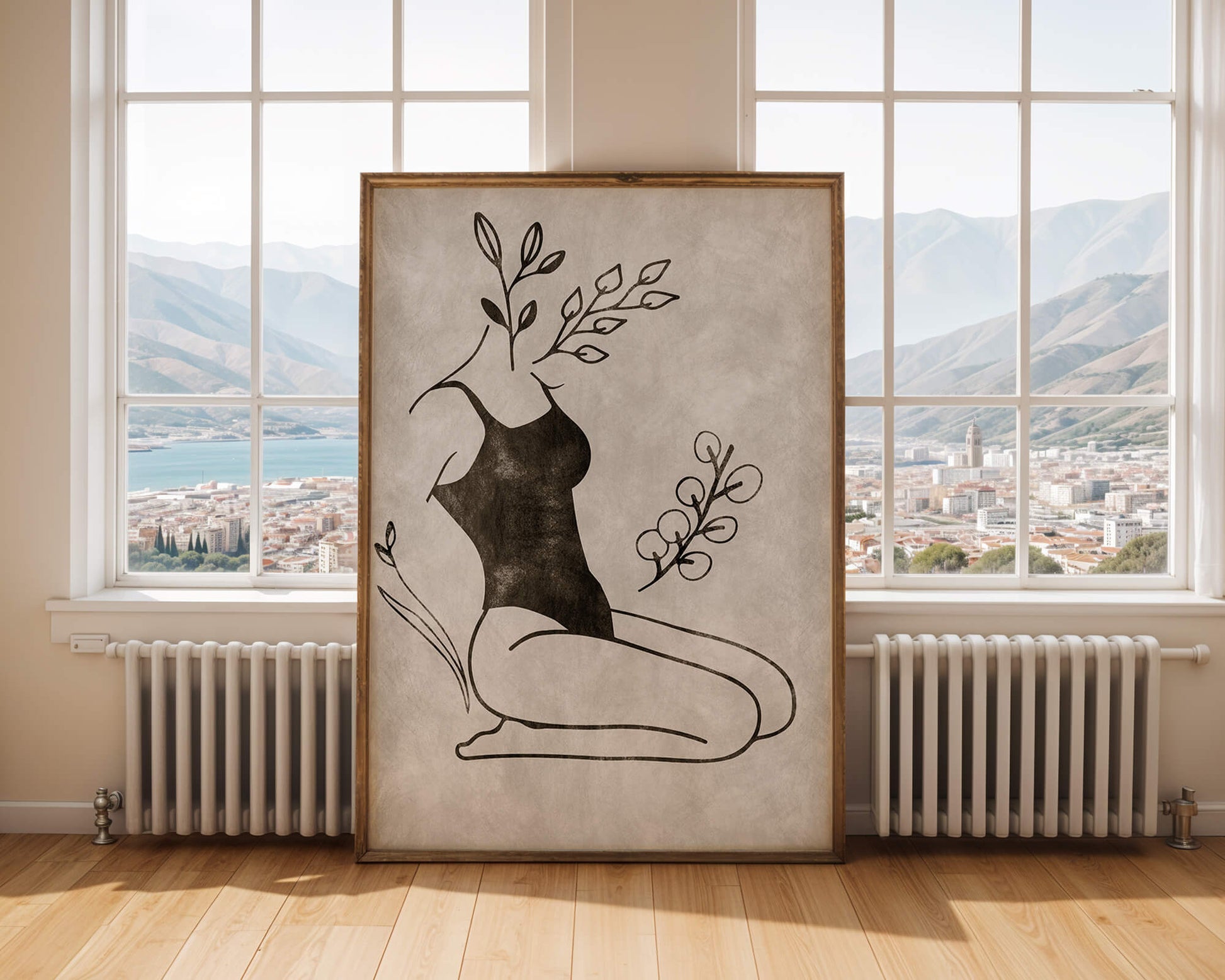 Mujer abstracta con elementos botánicos en estilo minimalista