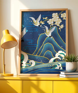Elegantes grullas en vuelo sobre las olas del océano con detalles dorados y flores