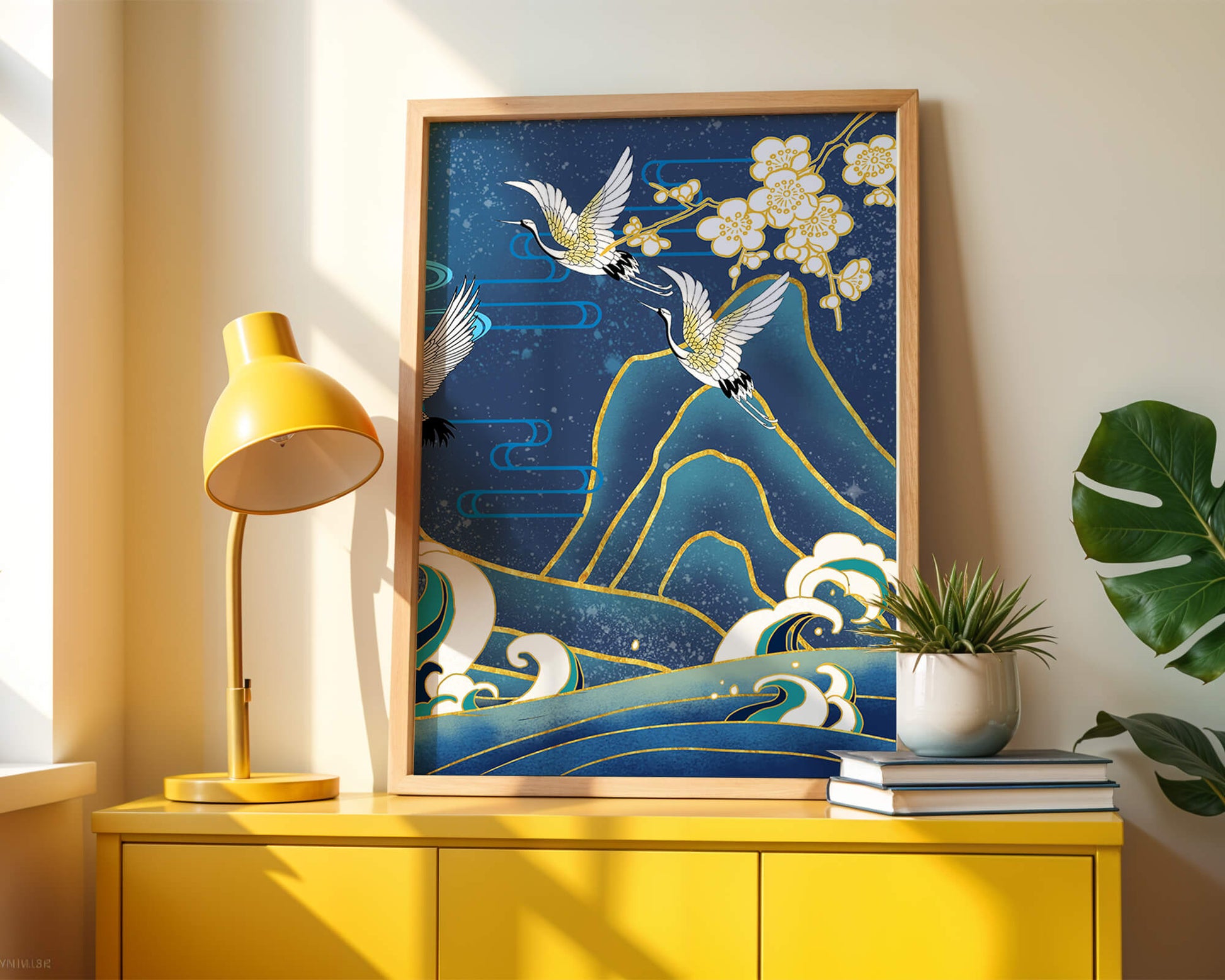 Elegant Cranes in Flight over Ocean Waves with Golden Accents and Blossoms