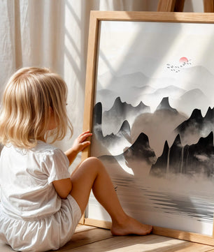 Peaceful mountain landscape with mist and rising sun