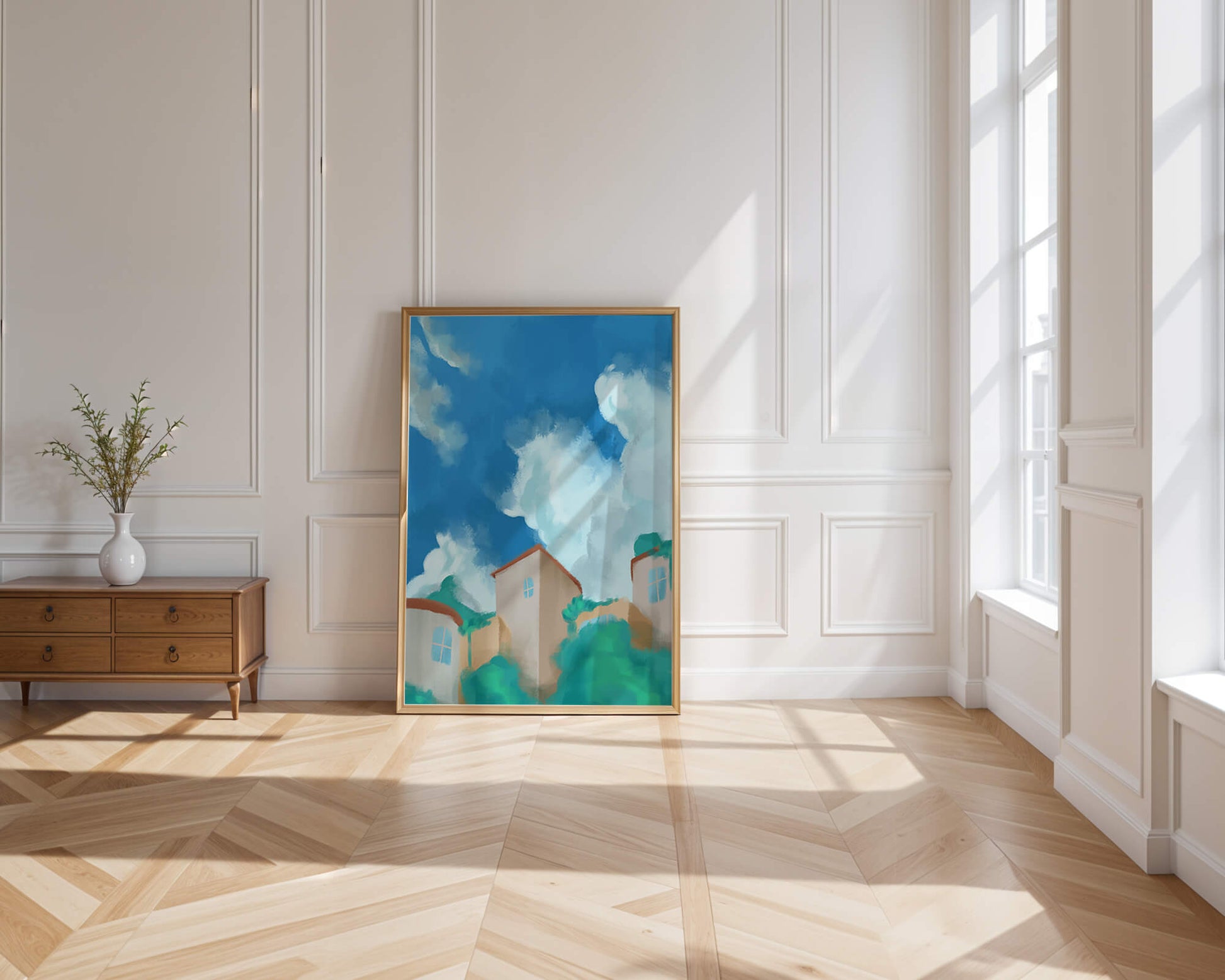Serene landscape with houses and fluffy clouds against a blue sky