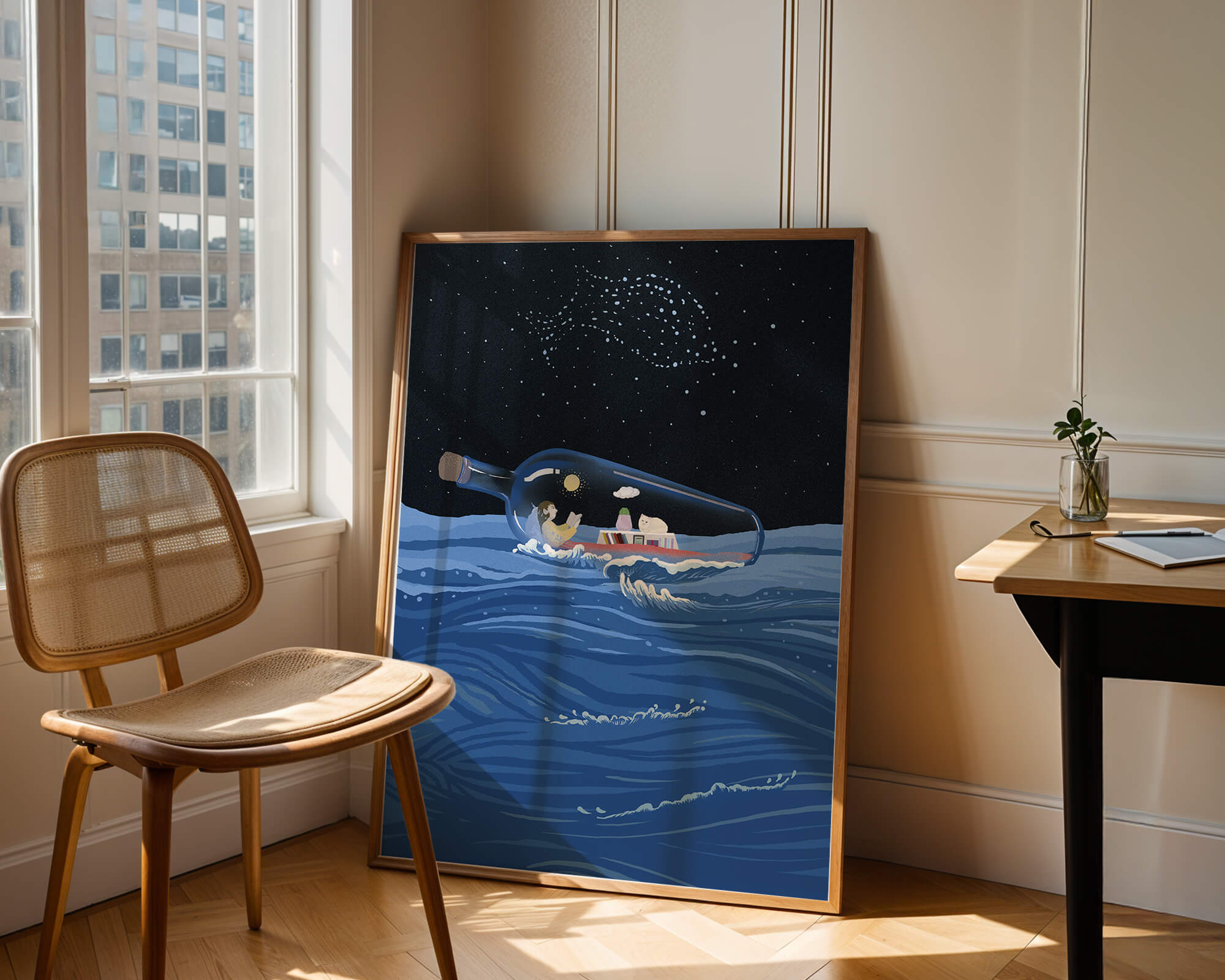 Surreal illustration of a bottle on the ocean with a starry night sky