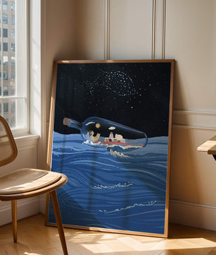 Surreal illustration of a bottle on the ocean with a starry night sky