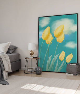 Stylized yellow tulips against a cloudy blue sky background
