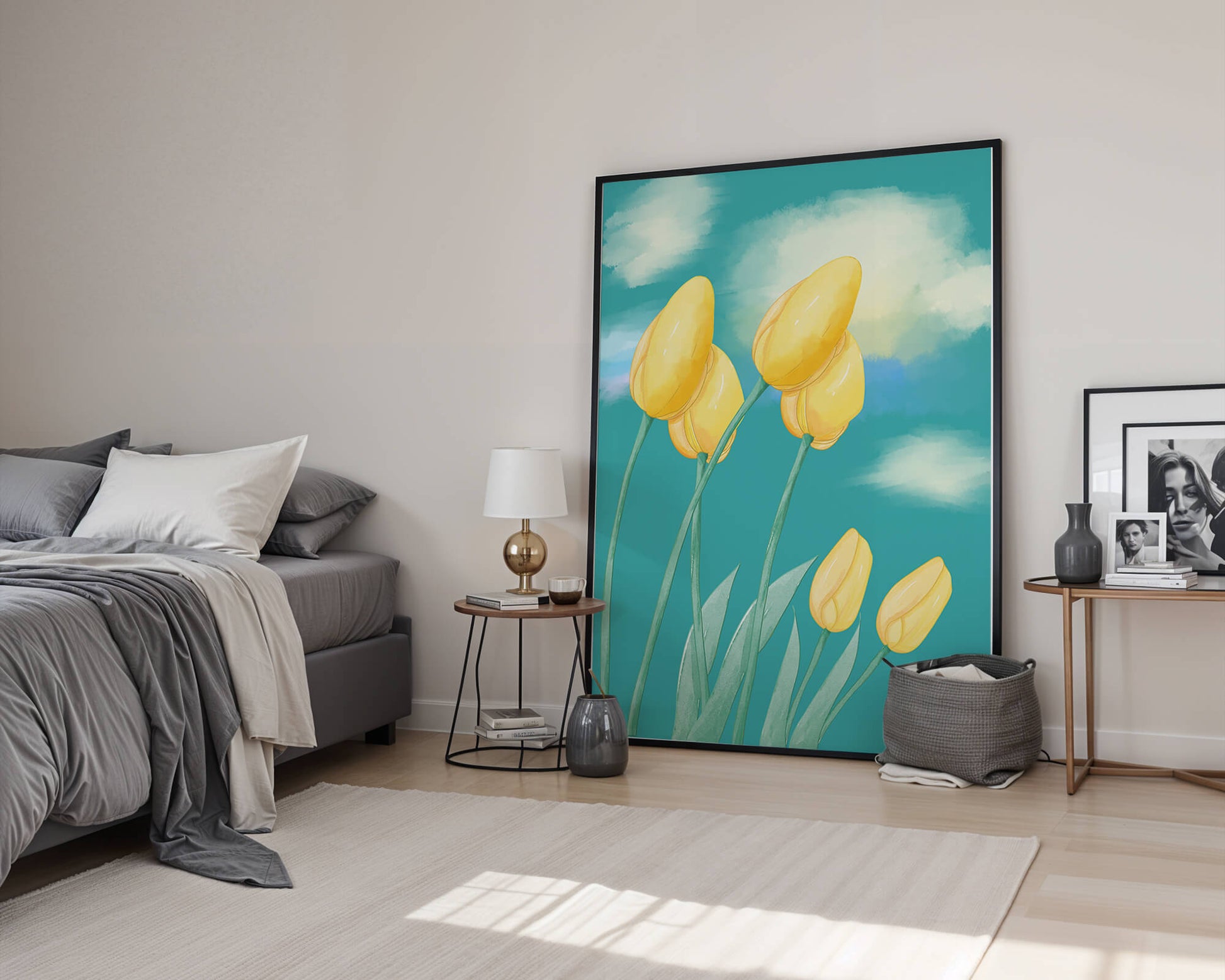 Stylized yellow tulips against a cloudy blue sky background