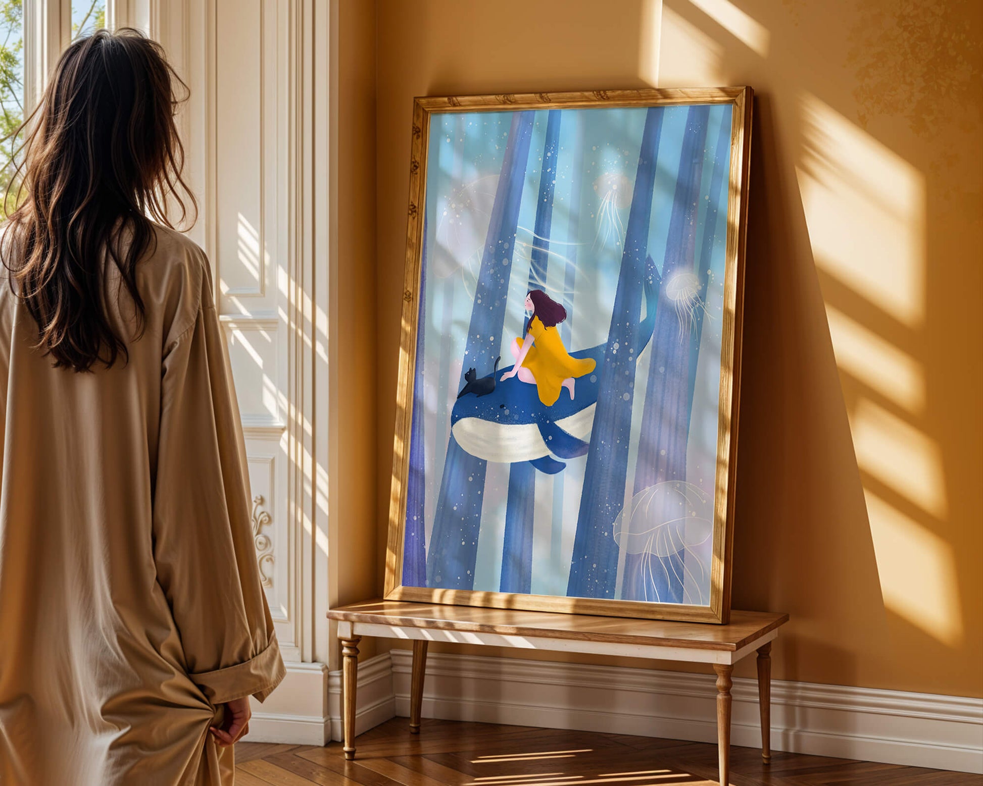 Dreamlike scene with girl, cat, and whale in an ethereal ocean