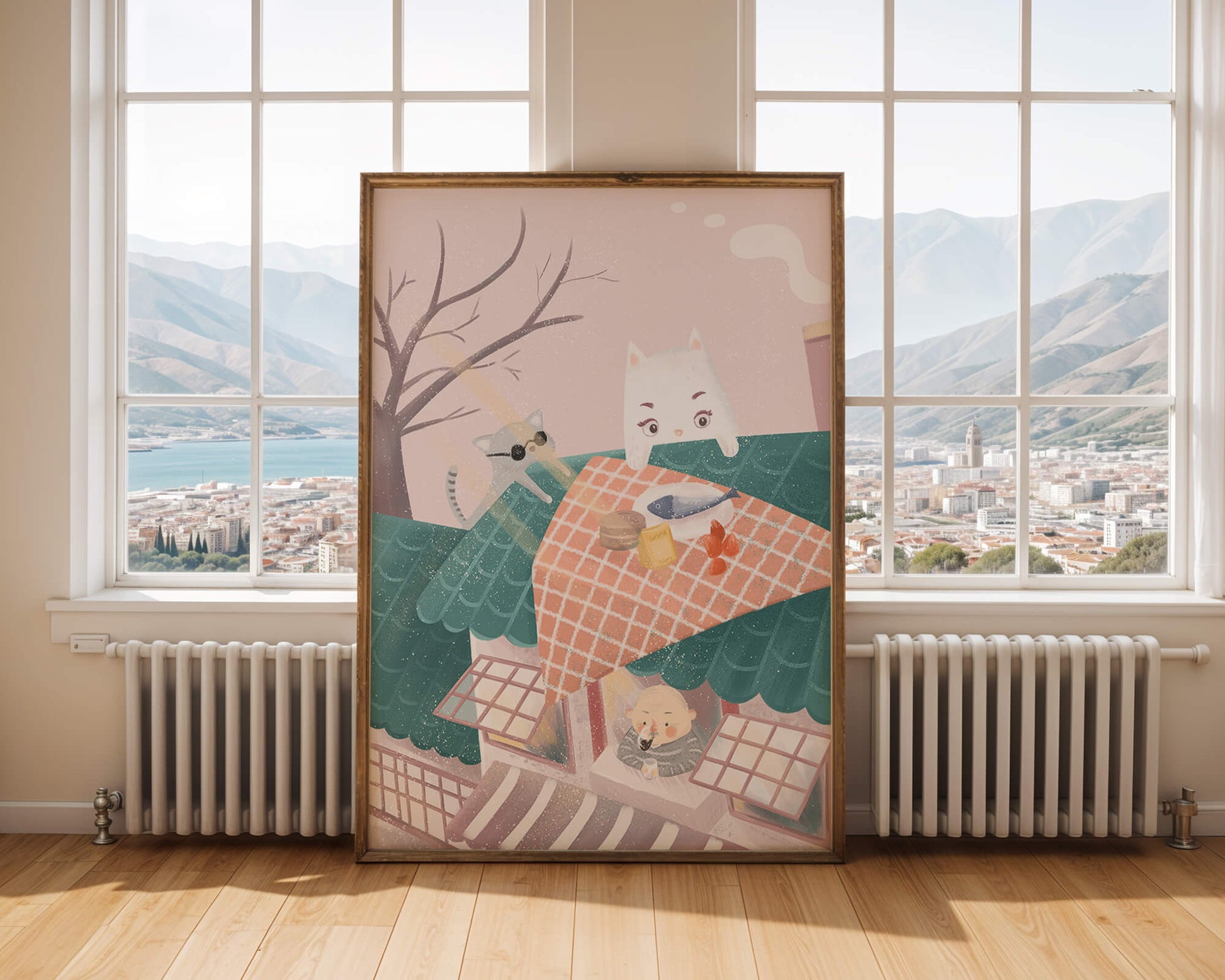 Escena caprichosa en la azotea con gatos juguetones y un acogedor ambiente invernal.