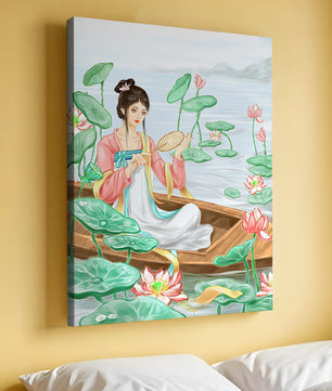 Femme élégante en tenue traditionnelle assise dans une barque parmi des fleurs de lotus